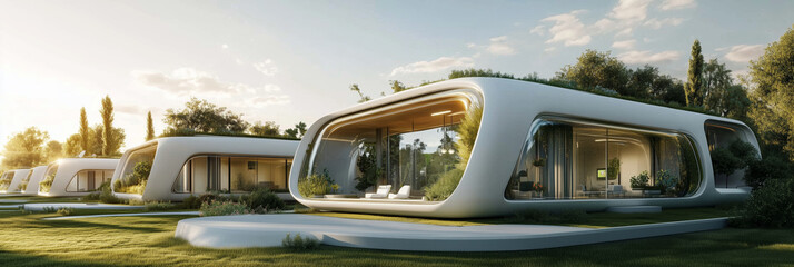 Sustainable futuristic homes with eco-friendly designs and rooftop gardens

