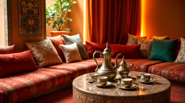 Relaxing moroccan atmosphere, tea set displayed on table in cozy interior