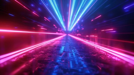 Fototapeta premium Neon Lights Illuminate Wet Reflective Surface Pathway