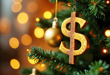 Golden Dollar Sign Christmas Ornament on Festive Tree