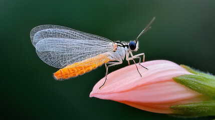 Colorful insect on pink petal with delicate wings and green background