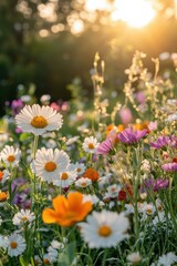 Fototapeta premium Wildflowers bathed in golden sunlight. AI.