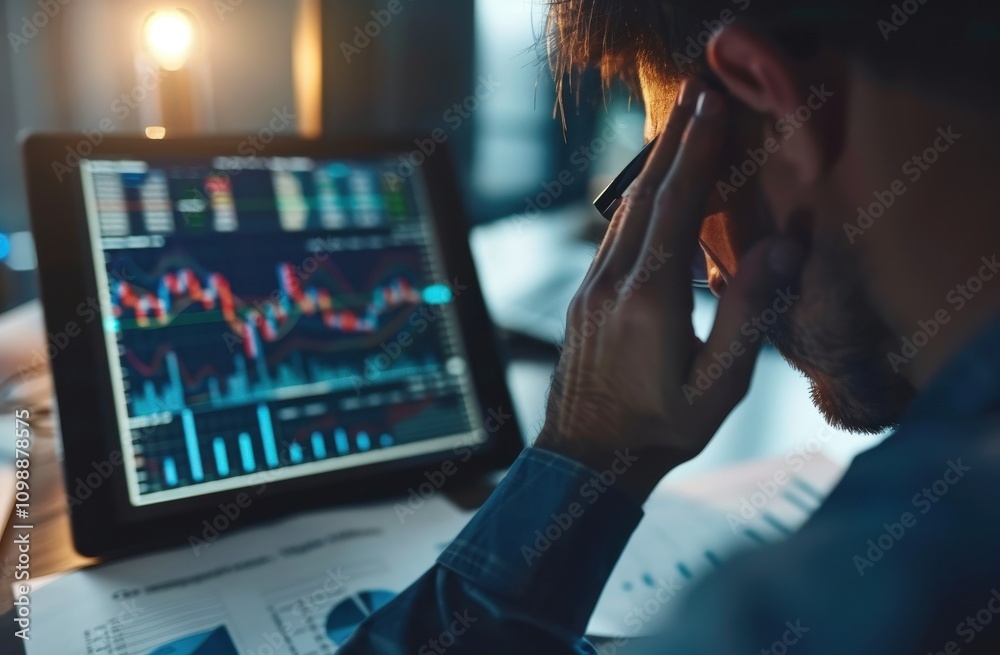 Poster man analyzing financial data on tablet screen