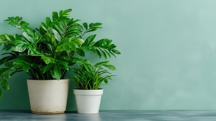 Fototapeta premium Two lush green potted plants are displayed against a soft, muted turquoise wall, creating a calming and natural atmosphere.