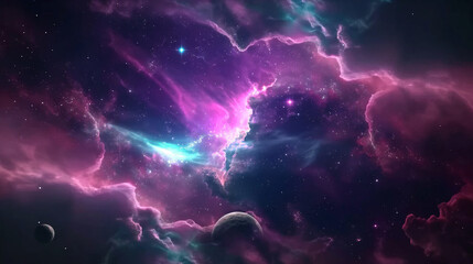 4K Cosmic Landscape with Vibrant Colors & Hyper-Realistic Details. Depth and dimension. Background, planets, nebula, stars, meteors