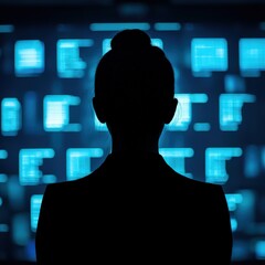 A silhouette of a person stands before a glowing screen filled with digital data, conveying a sense of mystery and technological engagement.