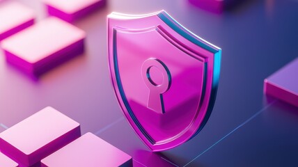 Anti tracking shield  concept. A vibrant 3D shield icon with a keyhole, symbolizing security and protection, set against a modern digital background of purple and pink hues.