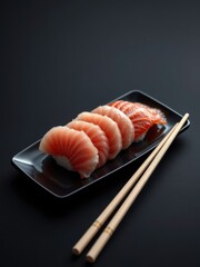 Fine dining sashimi sushi dish on black background with chopsticks and soy sauce, sushi, dish, food, soy sauce, fine dining