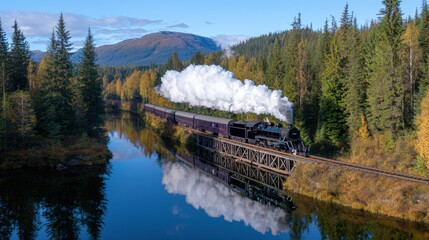 Majestic steam train journey through scenic autumn forest landscape
