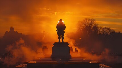 Fototapeta premium Silhouetted Soldier Statue at Sunset Over Cityscape