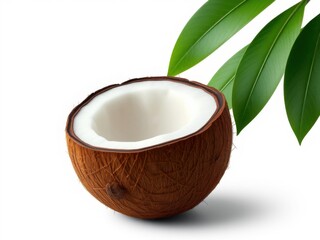 Half coconut with leaves isolated on white background, leaves, nature, green, natural