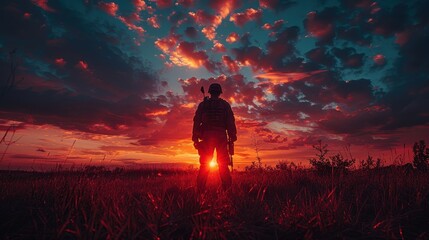 Fototapeta premium Soldier Silhouetted Against Vibrant Sunset Sky