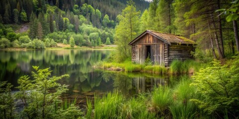 Fototapeta premium Abandoned shed surrounded by overgrown vegetation at Finja Lake, abandoned, shed, Finja Lake, overgrown, vegetation