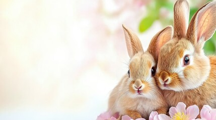Obraz premium Adorable baby rabbits snuggled among pink spring flowers