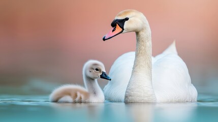 Obraz premium Graceful swan and adorable cygnets on tranquil lake at sunrise