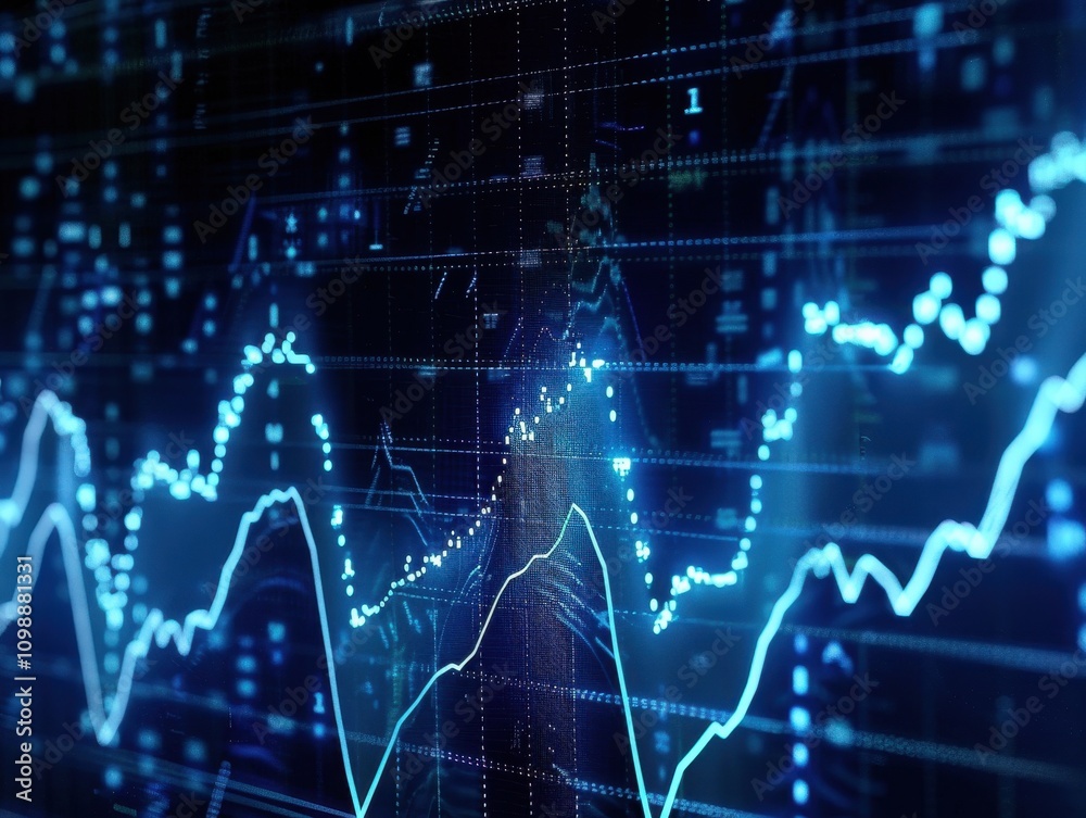 Poster dynamic blue stock market data graphs displayed digitally