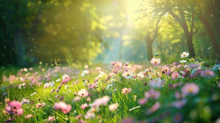 Fototapeta premium Sunlit Meadow Cosmos Flowers Bloom Brightly