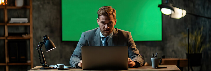 Caucasian man sitting at wooden desk, using laptop with green screen