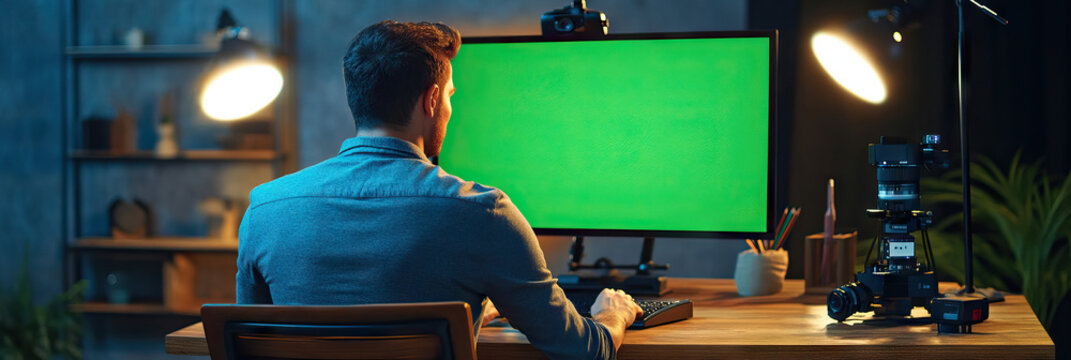 Caucasian man sitting at wooden desk, using laptop with green screen
