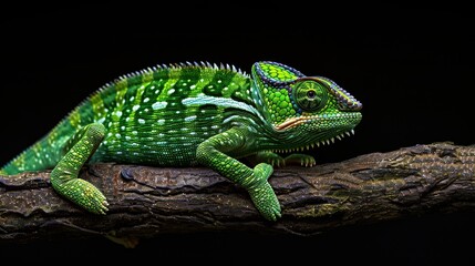 Vibrant Green Chameleon on Dark Branch Resting