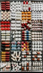 Obraz premium Pills and capsules. Top view. Medical background