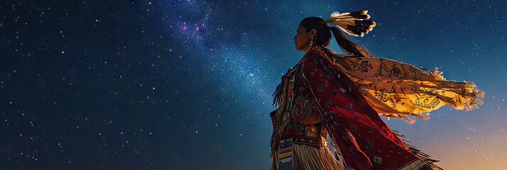A Native American woman dressed in tribal regalia dances beneath the stars, her movements fluid and graceful.
