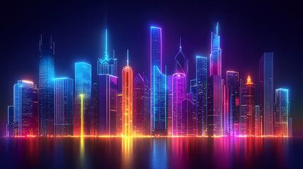Naklejka premium Neon night city of the future. night panorama of the city, neon light, lights of a large metropolis, high-rise buildings. 3d illustration. Neon. Illustration