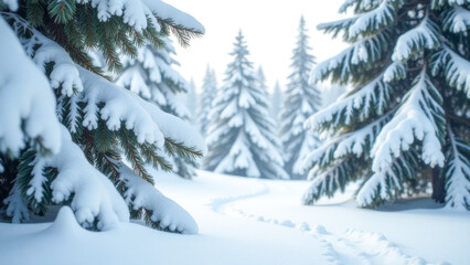 Obraz premium winter background with trees and fir trees covered with snow in a snowy forest