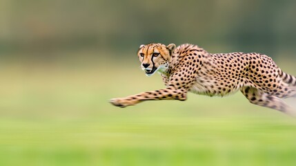 A cheetah dashes across the grass, showcasing its incredible speed while the background blurs in motion. Natures pure thrill