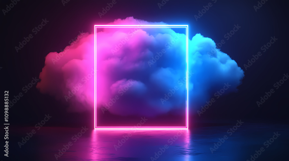 Wall mural 3d rendering, abstract geometrical background with square neon frame and stormy cloud glowing with p