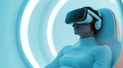 Fototapeta premium Futuristic Student in VR Headset Floating in Pod