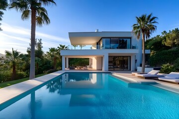 Fototapeta premium Modern Villa with Large Swimming Pool Surrounded by Nature