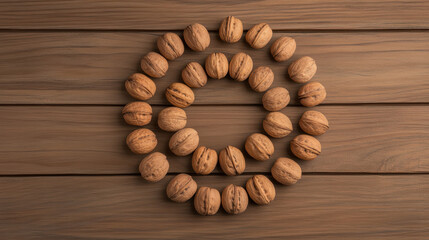 Overhead view of walnuts arranged in circular pattern on wood