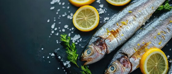 Fresh sardines with lemon slices and herbs on dark background create vibrant and appetizing still life. contrast of colors enhances visual appeal