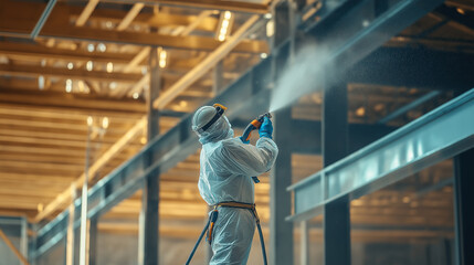 Specialist in protective suit spraying fireproof coating on steel beams inside a new building - Safety-focused and proactive, natural light