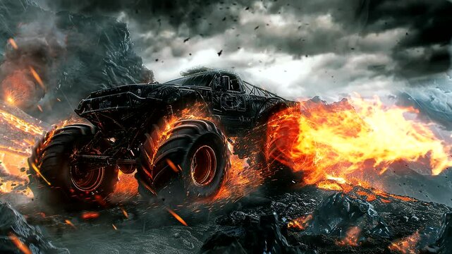Futuristic fire-spewing monster truck racing through volcanic terrain, seamless looping animation video background
