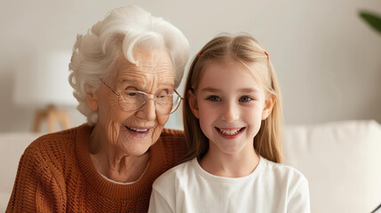 A sweet moment as a grandmother and granddaughter share stories while reminiscing over a cherished photo album at home.