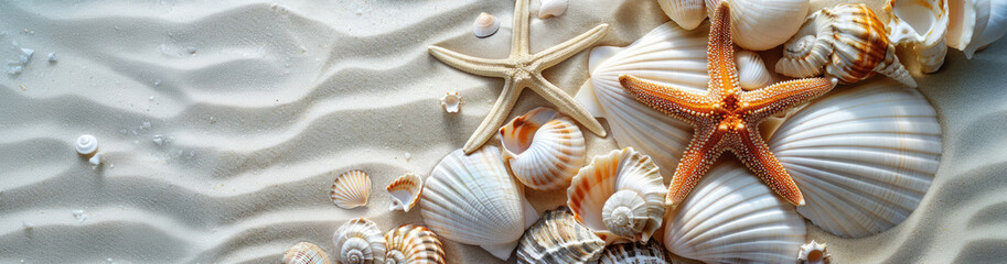 Shells and starfish on the sandy beach