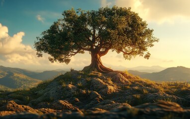 A lone sacred tree on a hilltop, with its roots deeply intertwined with cultural heritage