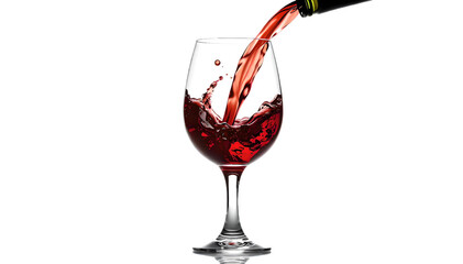 Red wine pouring into a crystal-clear glass, creating a dynamic splash with vivid crimson tones, isolated on a white or transparent background, showcasing elegance and motion