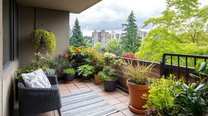 Fototapeta premium A beautifully arranged balcony garden with diverse potted plants and greenery, turning a small urban space into a peaceful, eco-friendly retreat