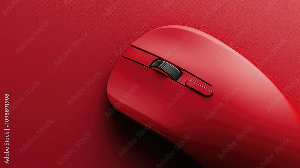 Poster A close-up view of a sleek red computer mouse against a bold crimson background, capturing the modern design and vibrant color contrast in a minimalistic style
