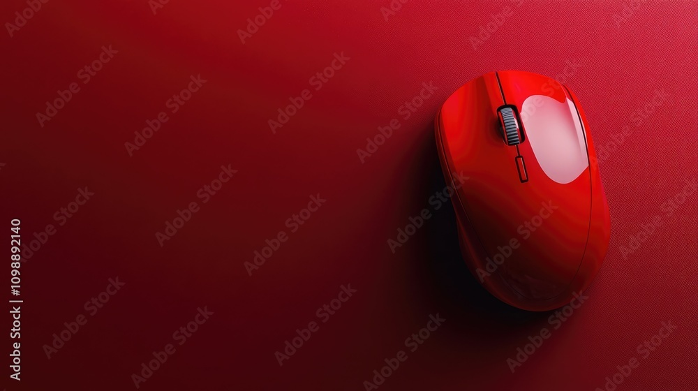 Poster a detailed shot of a red computer mouse on a deep crimson background, showcasing its sleek, modern d