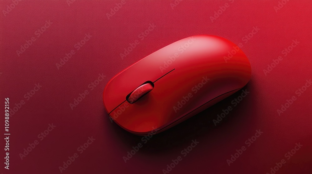 Poster a detailed shot of a red computer mouse on a deep crimson background, showcasing its sleek, modern d