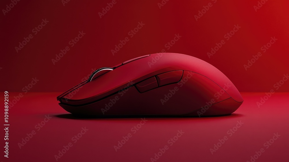 Poster a detailed shot of a red computer mouse on a deep crimson background, showcasing its sleek, modern d