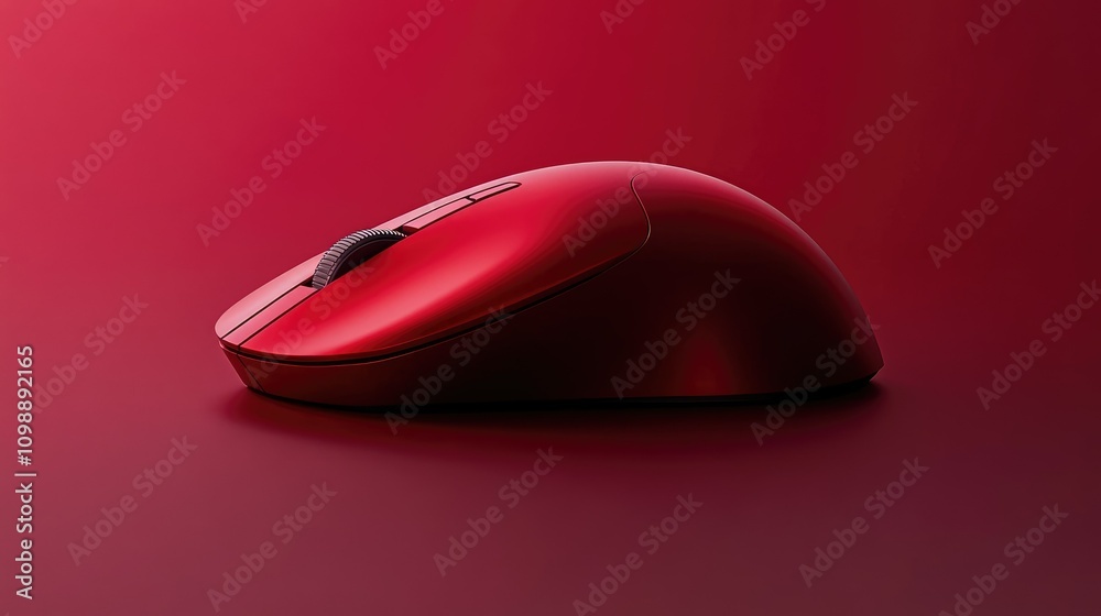 Poster a detailed shot of a red computer mouse on a deep crimson background, showcasing its sleek, modern d