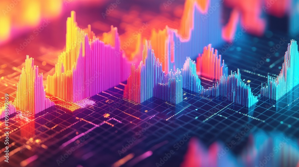 Poster A digitally generated isometric 3D data chart with clean lines and vibrant colors, illustrating complex data trends in a visually appealing way