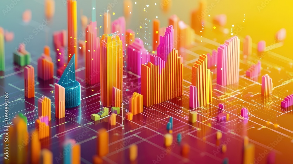 Poster A digitally generated isometric 3D data chart with clean lines and vibrant colors, illustrating complex data trends in a visually appealing way