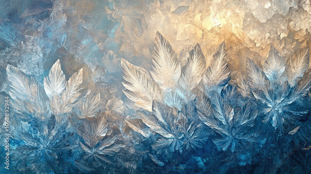 Poster a mesmerizing abstract of shattered ice crystals, glowing with light in intricate fractal patterns, 