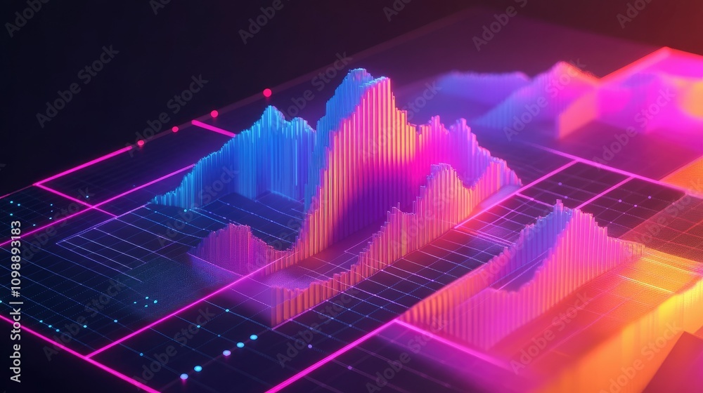 Poster A sleek, isometric digital chart showing data trends, with vibrant color gradients and 3D elements, capturing the essence of modern data visualization